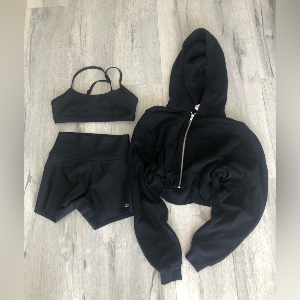 ALO Yoga Black Active Shorts Set with Cropped Hoodie